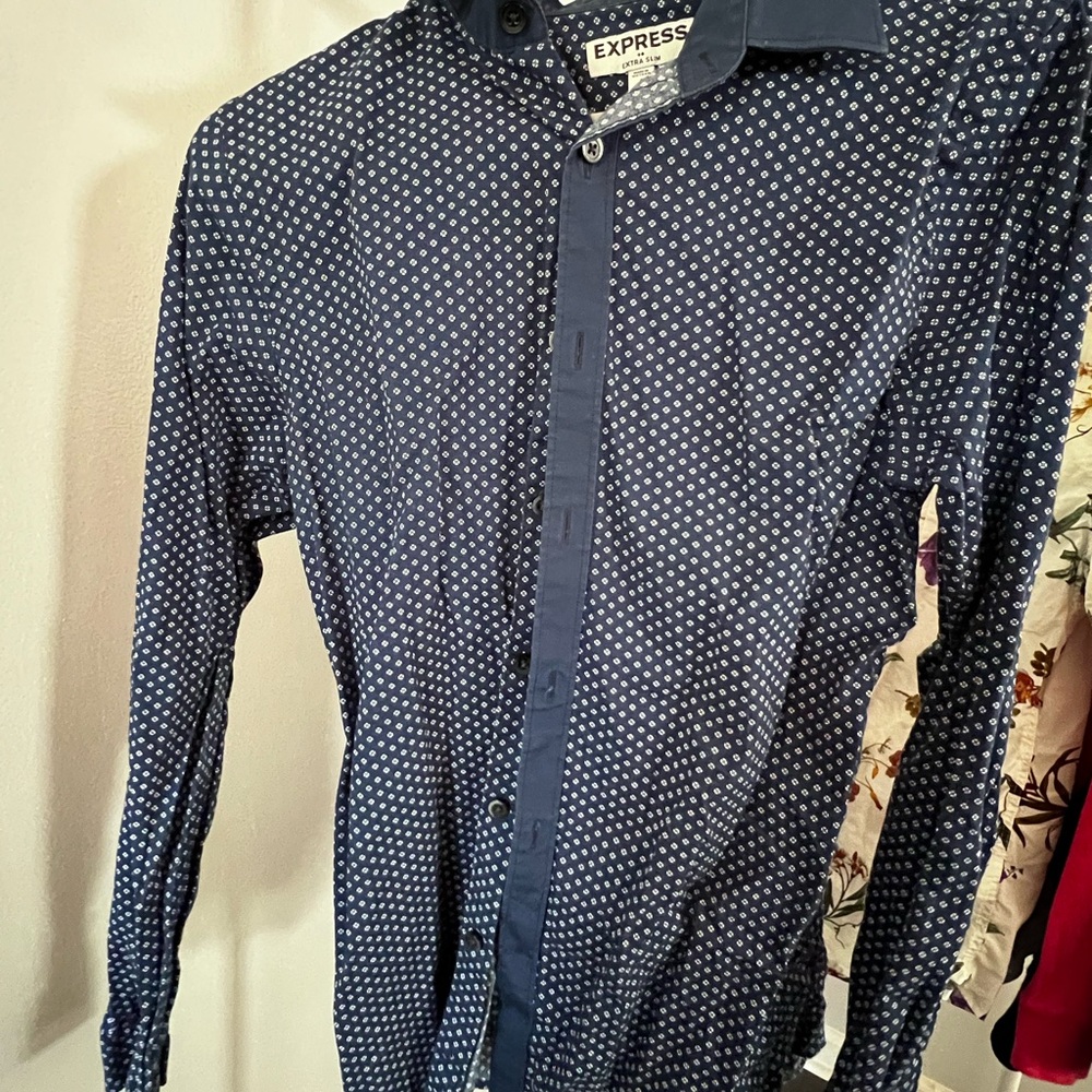 Express Men's Navy Blue Patterned Shirt